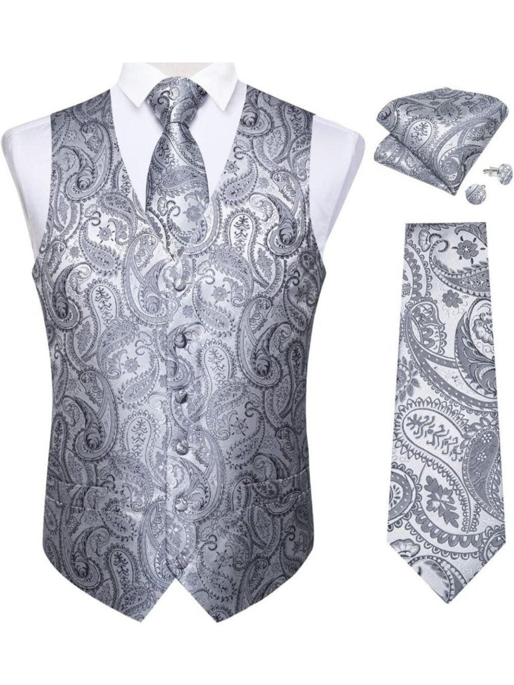 Men's Formal Paisley Vest & Tie Set - Silk Waistcoat, Necktie, Pocket Square